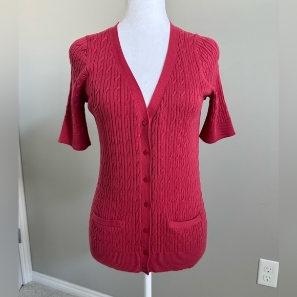 Talbots Short Sleeve V-Neck Cable Knit Cardigan Sweater Pink Size Small - Picture 1 of 8